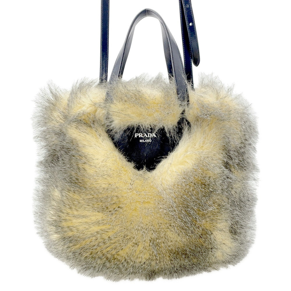 PRADA Triangle Logo 2WAY Handbag Beige/Black1BG406 Fake fur
