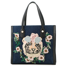 将图像加载到图库查看器中，GUCCI Tiger Embroidery Tote Bag Japan Limited Edition Navy/Black456545 Canvas Leather
