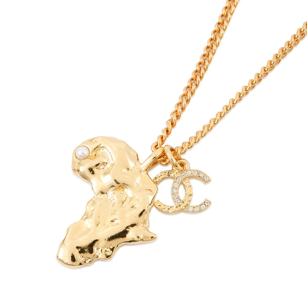 CHANEL CC Logo African Continent Motif Necklace Gold Metal Faux Pearl Rhinestone