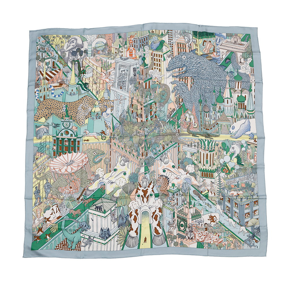 HERMES Giant Square Animapolis Size 140 Blue・Glacier / Green / Yellow Silk100%
