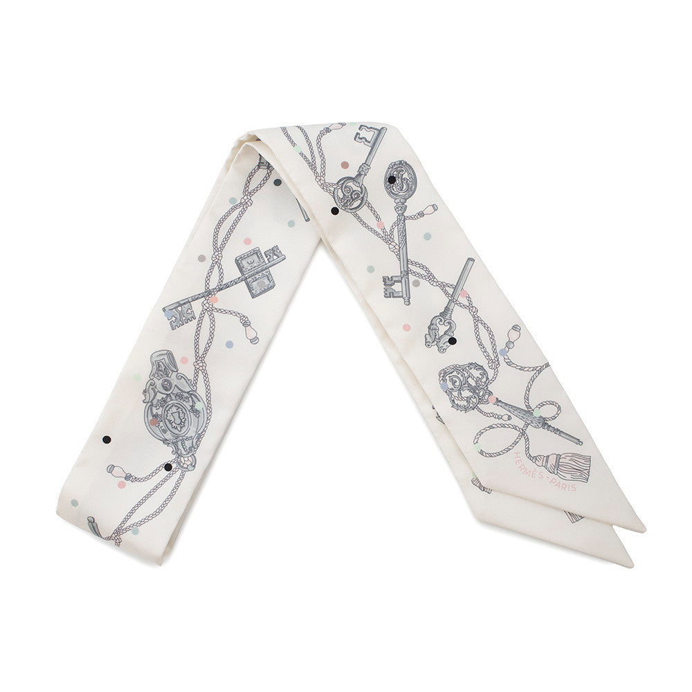 HERMES Twilly LES CLES A POIS Blanc/Griacher063871S Silk100%