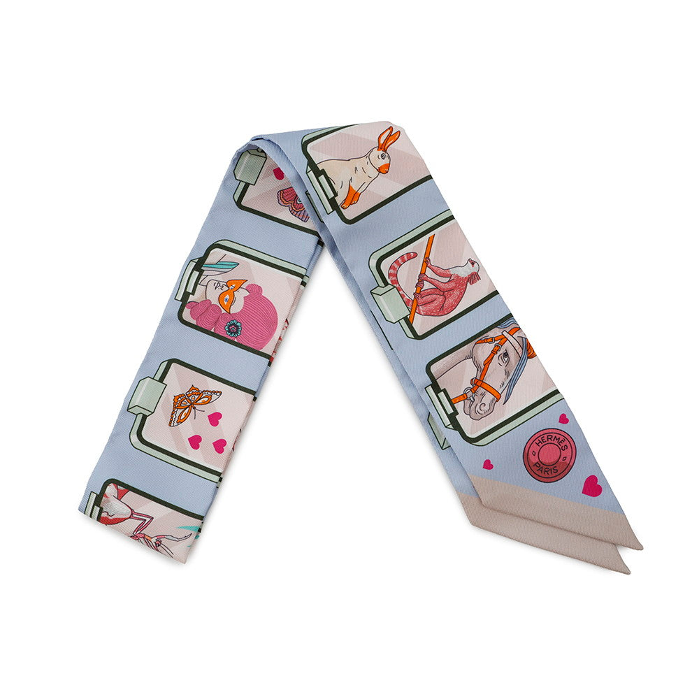 HERMES Twilly HERMES STORY Blue Pale/Rose/Vert Silk100%