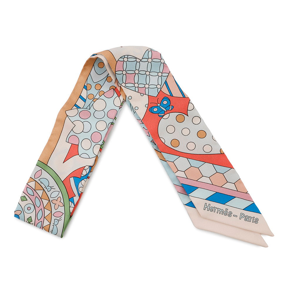 HERMES Twilly LES MURMURES DE LA FORET Whispers of the Forest BeigeRose/Rose/Blue Silk100%