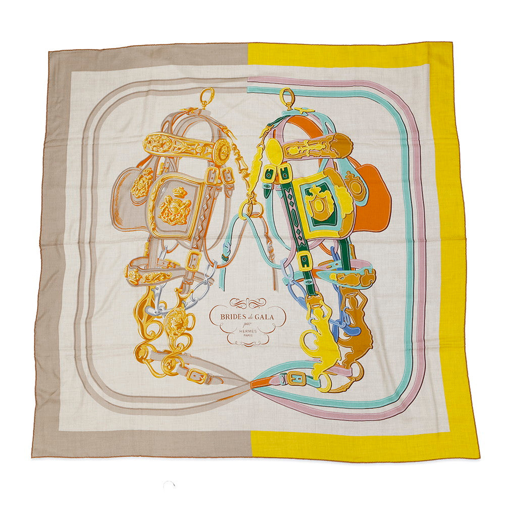 HERMES Giant Square Brides de Gala Applique Pique Size 140 Jaune/Beige/Natural Cashmere70% Silk30%