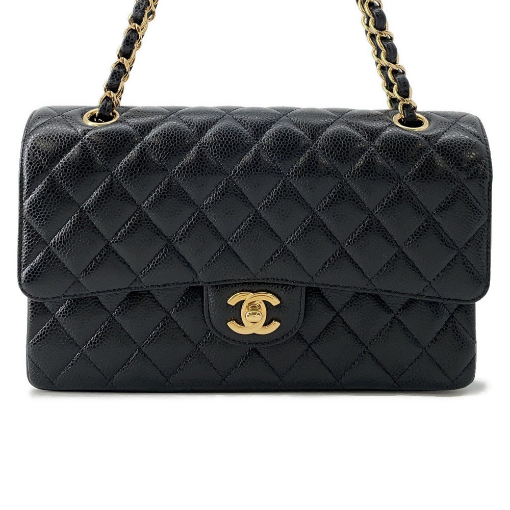 CHANEL Matelasse W Flap ChainShoulder Bag BlackA01112 Caviar Leather Size 25