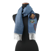将图像加载到图库查看器中，HERMES College Denim Pattern Embroidery Patch Scarf BlueH259121S 01 Cashmere100%
