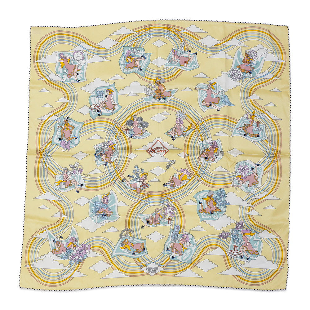 HERMES Carre Flying Carre Carres Volants Size 70 JauneSoufre/Aqua/White Silk100%