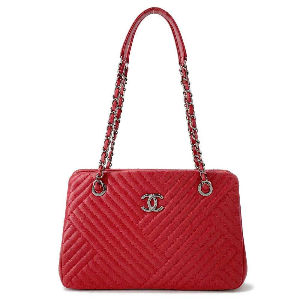 CHANEL Chevron WChain Tote Red Lambskin