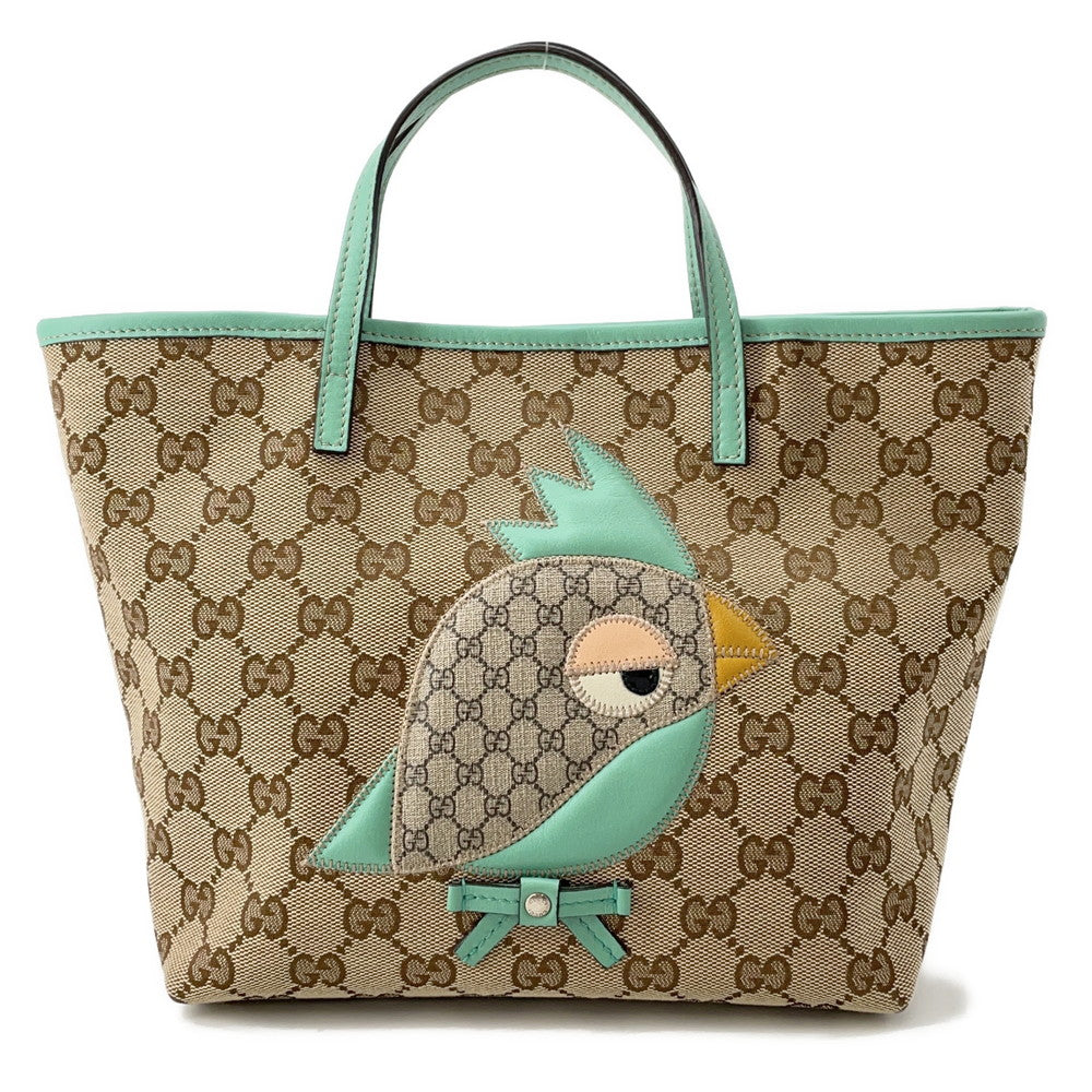 GUCCI Children's Zoo Papagallo Tote Bag Beige/Green/Brown271101 GG Canvas Leather