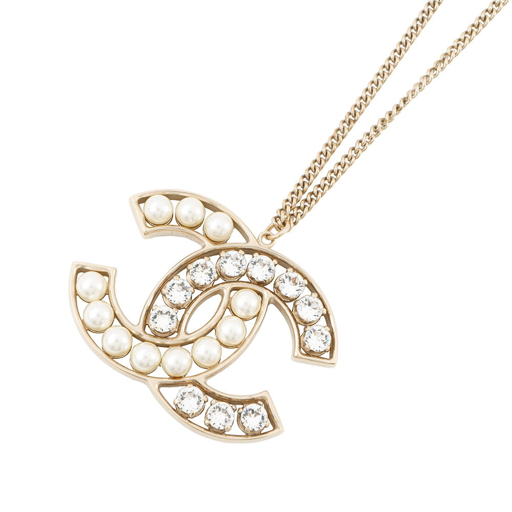 CHANEL CC Logo Necklace Metal Faux Pearl Rhinestone