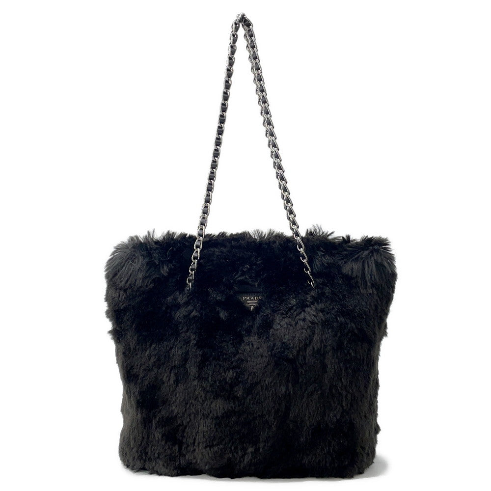 PRADA Triangle logo Chain tote BlackBR4759 Faux Fur Leather