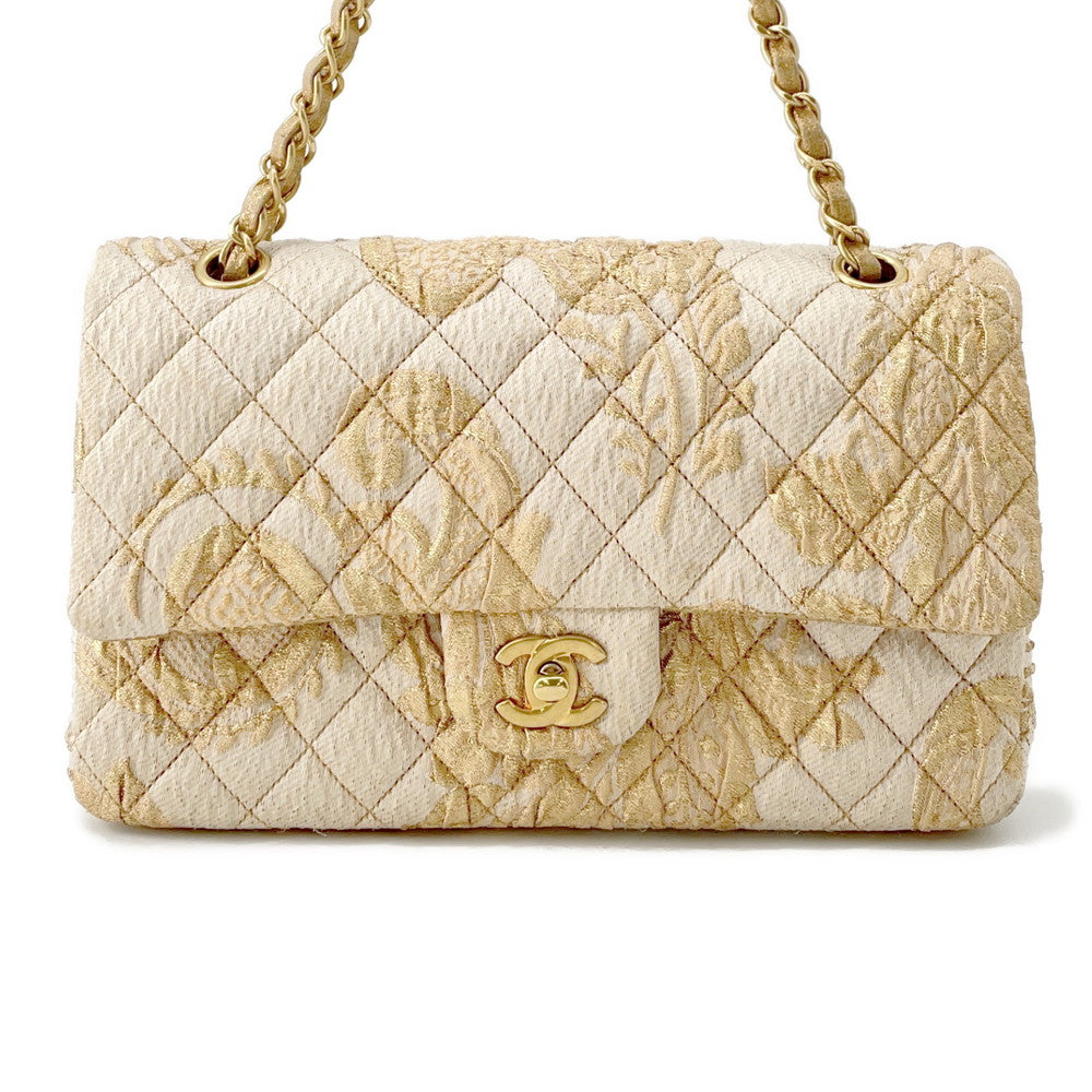 CHANEL Matelasse Double Flap Jacquard Chain Shoulder Bag Gold CottonJersy