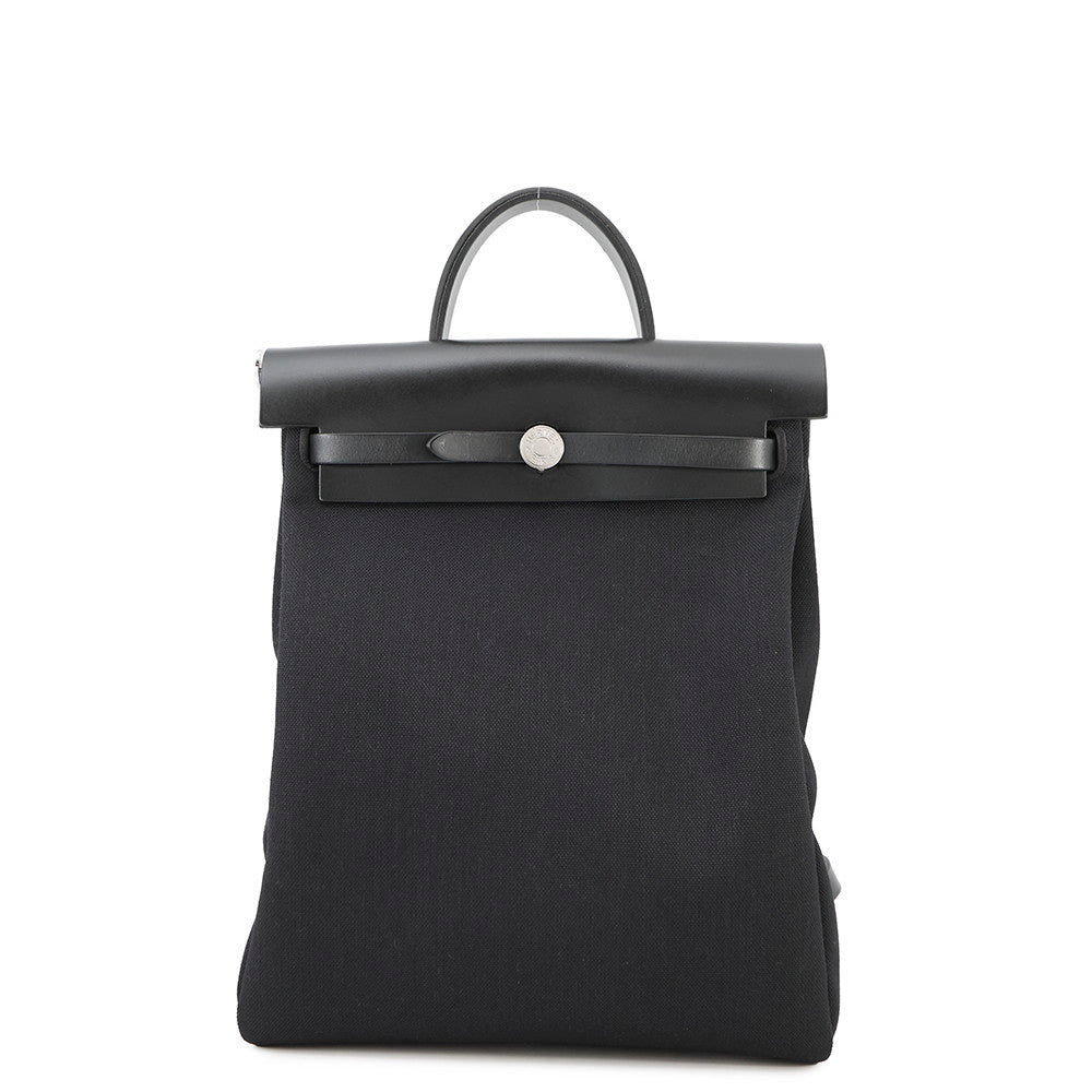 HERMES Herbag Zip Ad Black Toile Officier Vache Hunter Leather Size PM