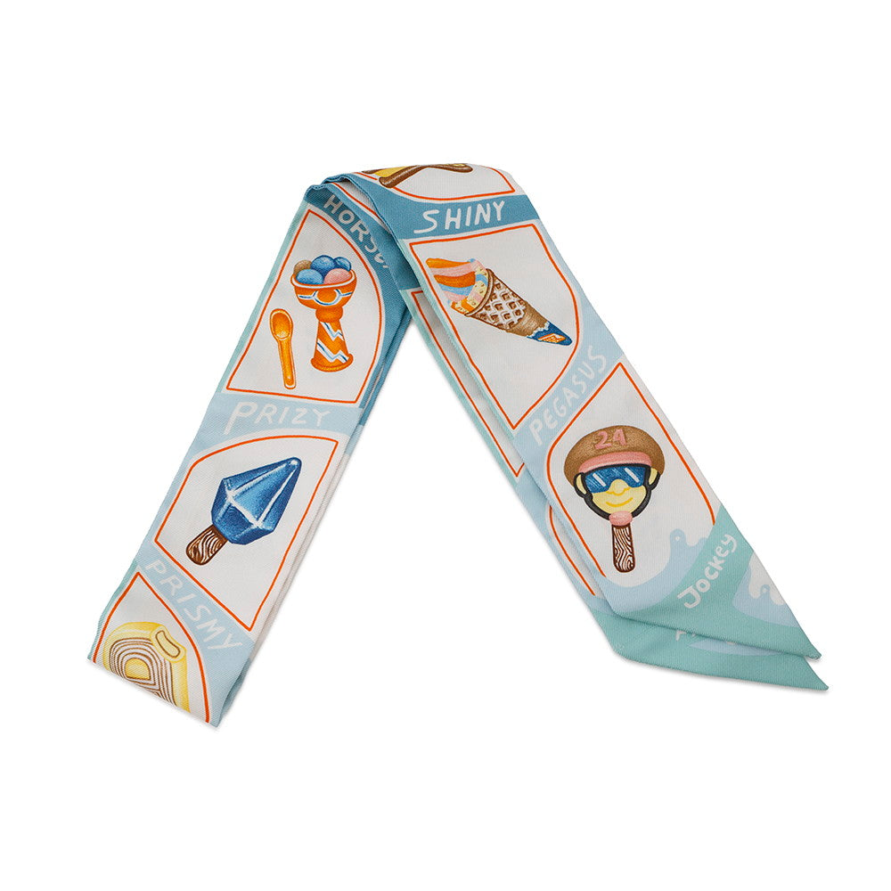 HERMES Twilly Funny Ice Cream Aqua/Orange/Yellow Silk100%