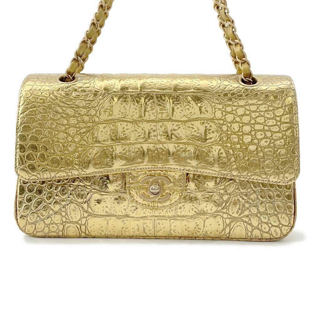 CHANEL Double Flap ChainShoulder Bag GoldA01112 Embossed Leather Size 25