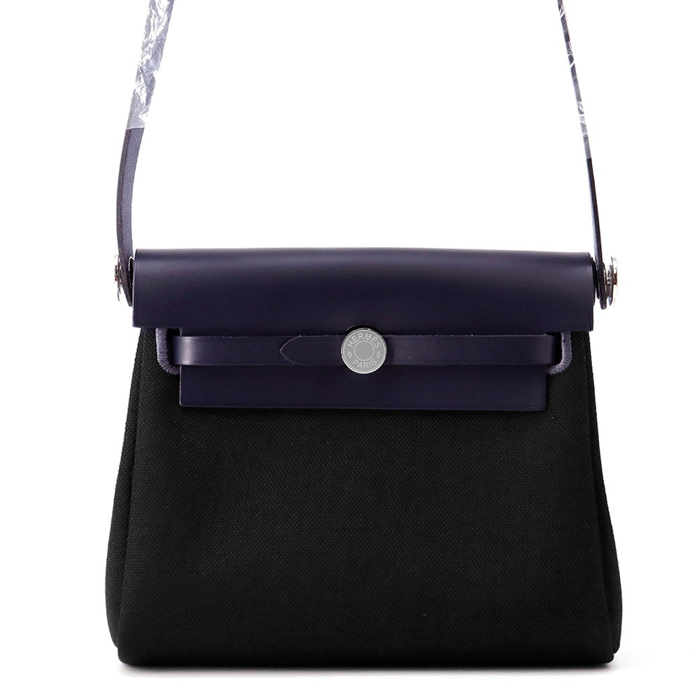 HERMES Herbag zip Blue Indigo/Black Toile Military Vache Hunter Leather Size Mini