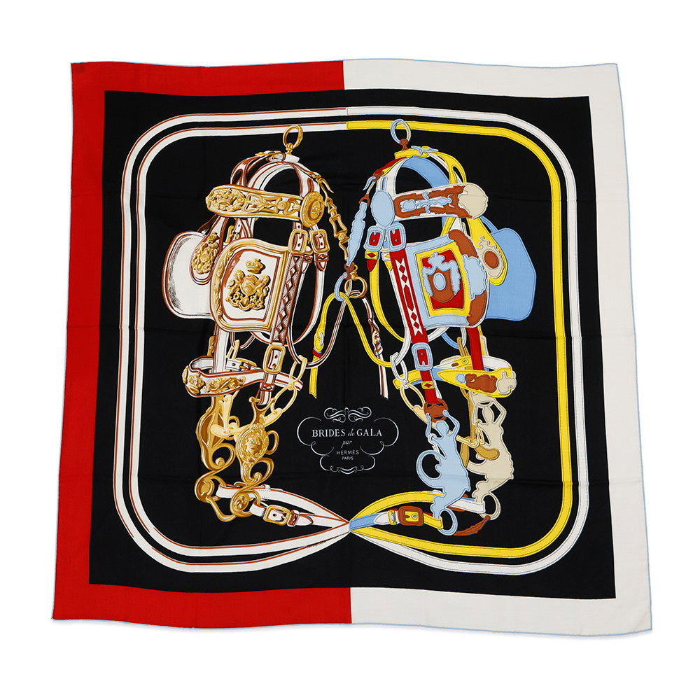 HERMES Carre Jehan《Brides de Gala Applique Pique》 Size 140 Rouge/Black/Blue Ciel Cashmere70% Silk30%