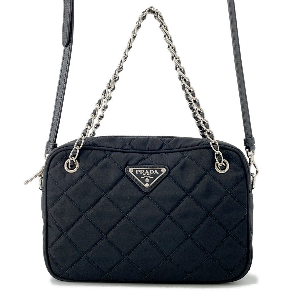 PRADA 2WAY Logo Quilted Chain Bag Black1BH910 Nylon