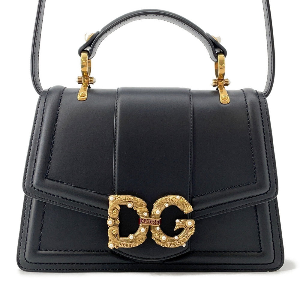 DOLCE&GABBANA DG Amore 2-way Handbag Black Calf Leather Faux Pearl