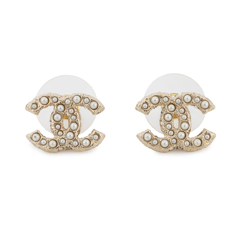 CHANEL CC Logo Earrings Champagne GoldA64766 Metal Faux Pearl Rhinestone