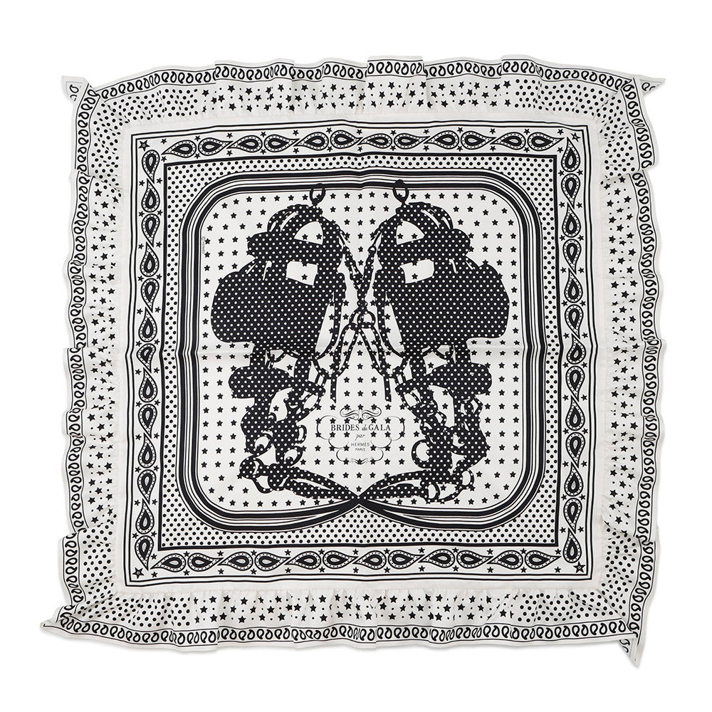 HERMES Carre Bandana Frill Bride de Gala Dot Size 70 White/Black Silk100%