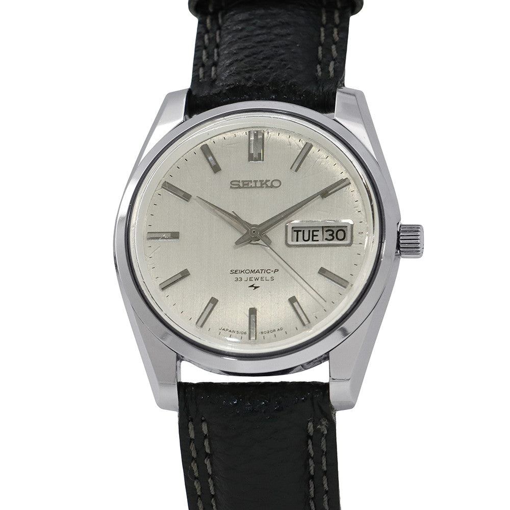 SEIKO Matic P Day-Date W36.4mm Stainless Steel Leather Silver Dial5106-8010