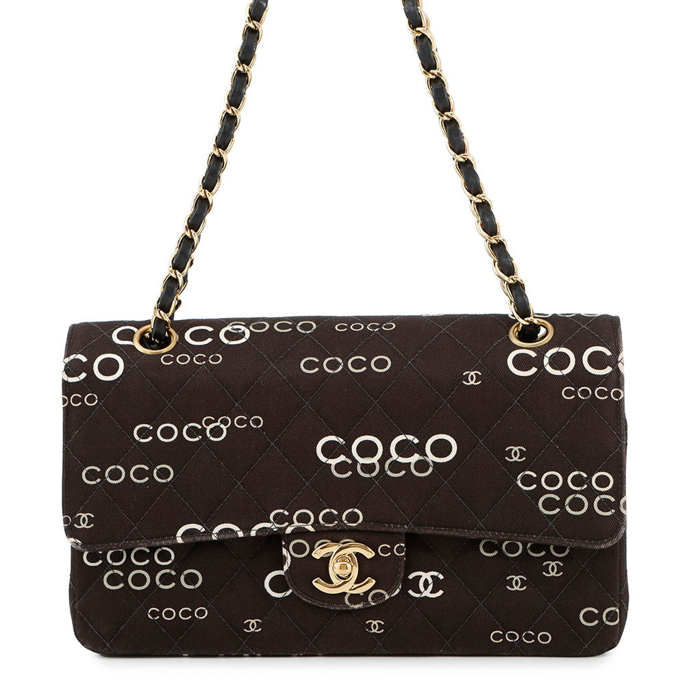 CHANEL Matelasse Double Flap Chain Shoulder COCO Print BlackA01112 Canvas Size 25