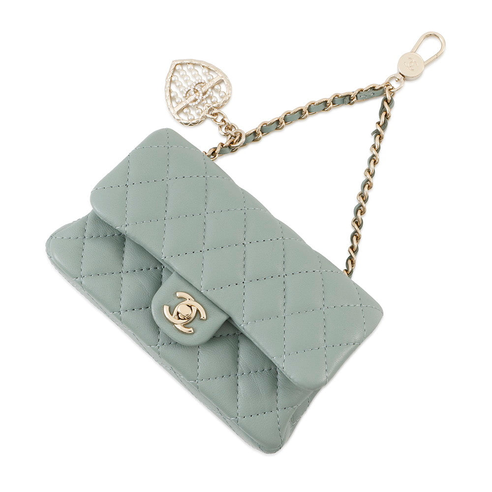 CHANEL Matelasse Mini Bag Charm GreenAP4760 Lambskin Faux Pearl Rhinestone Size Mini