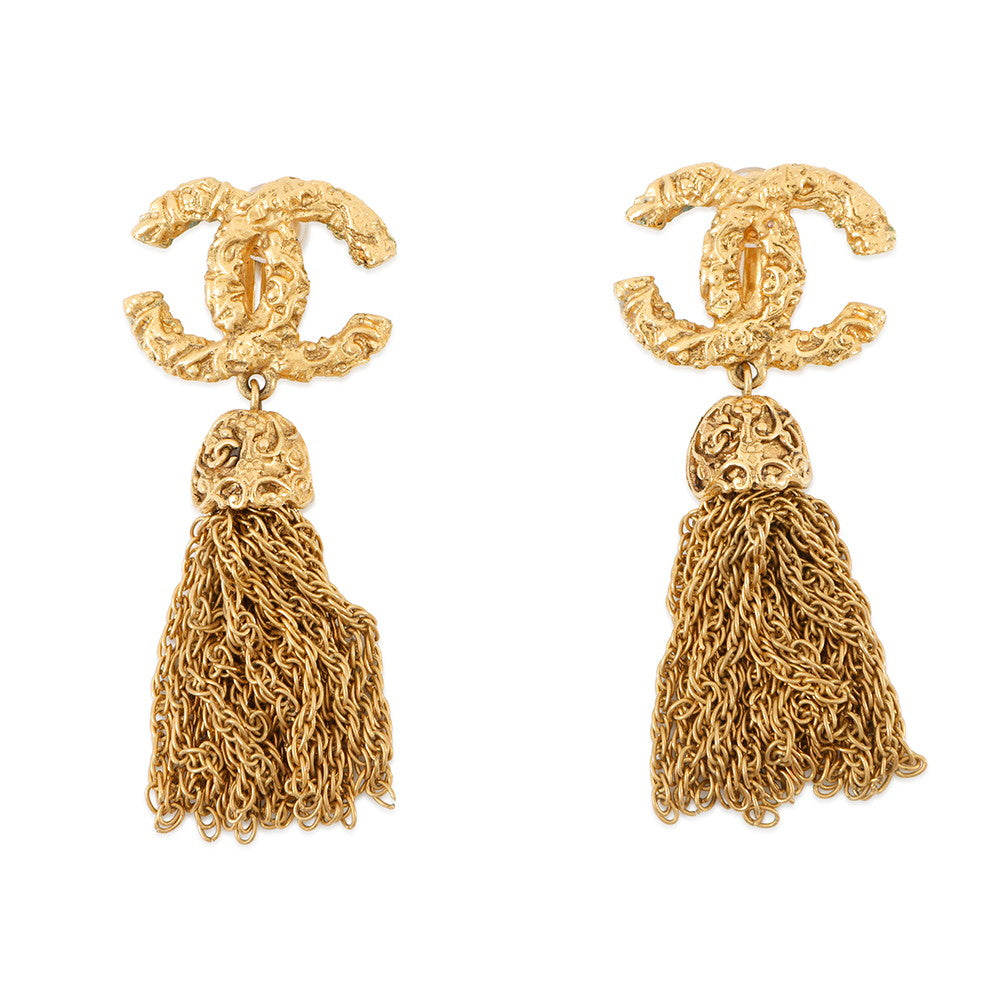CHANEL CC Logo Fringe Tassel Earring Lava Gold Gold Plated