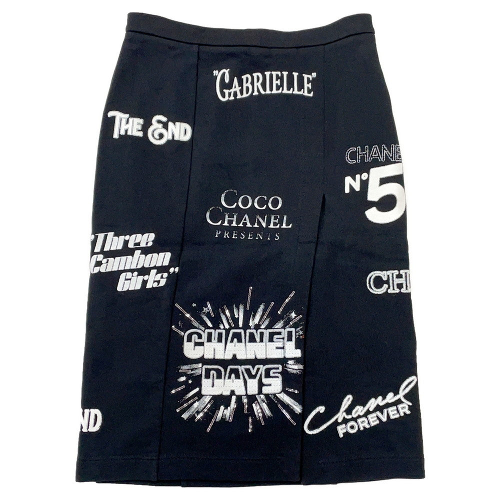 CHANEL Logo Print Knitted Fabric Skirt Size 36 BlackP70693 Cotton100% Sequins