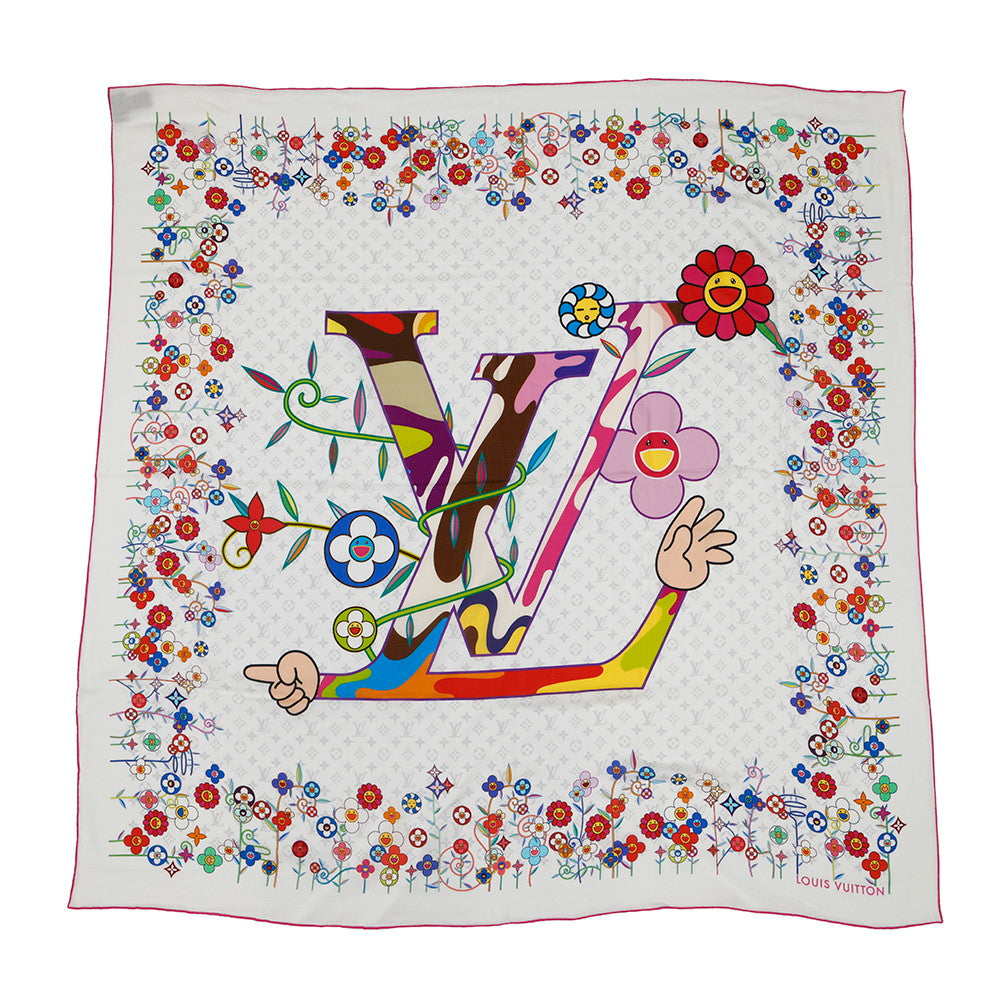 LOUIS VUITTON LV x TM Monogram Superflat Shawl Size 135 White/MulticolorM96080 Wool 90% Silk10%