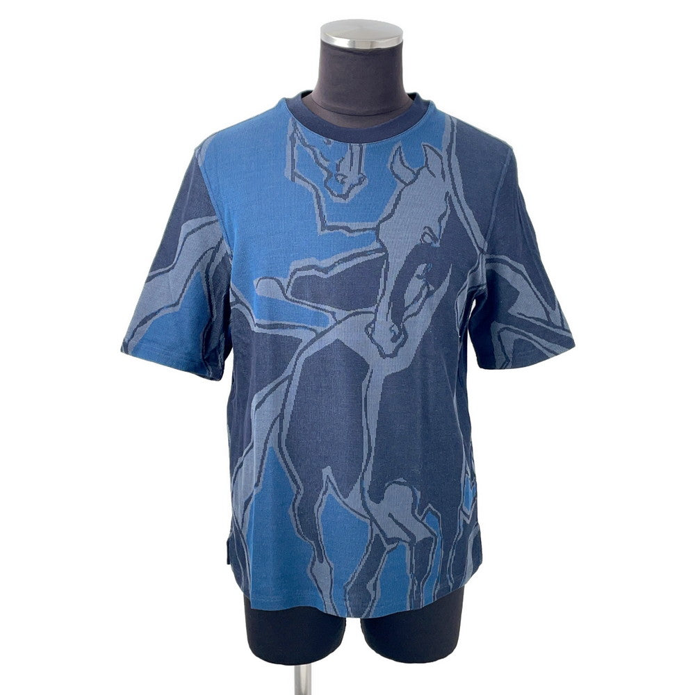 HERMES Dance of Horses Light Horse Print Pique Short Sleeve T-Shirt Size M Navy Cotton100%