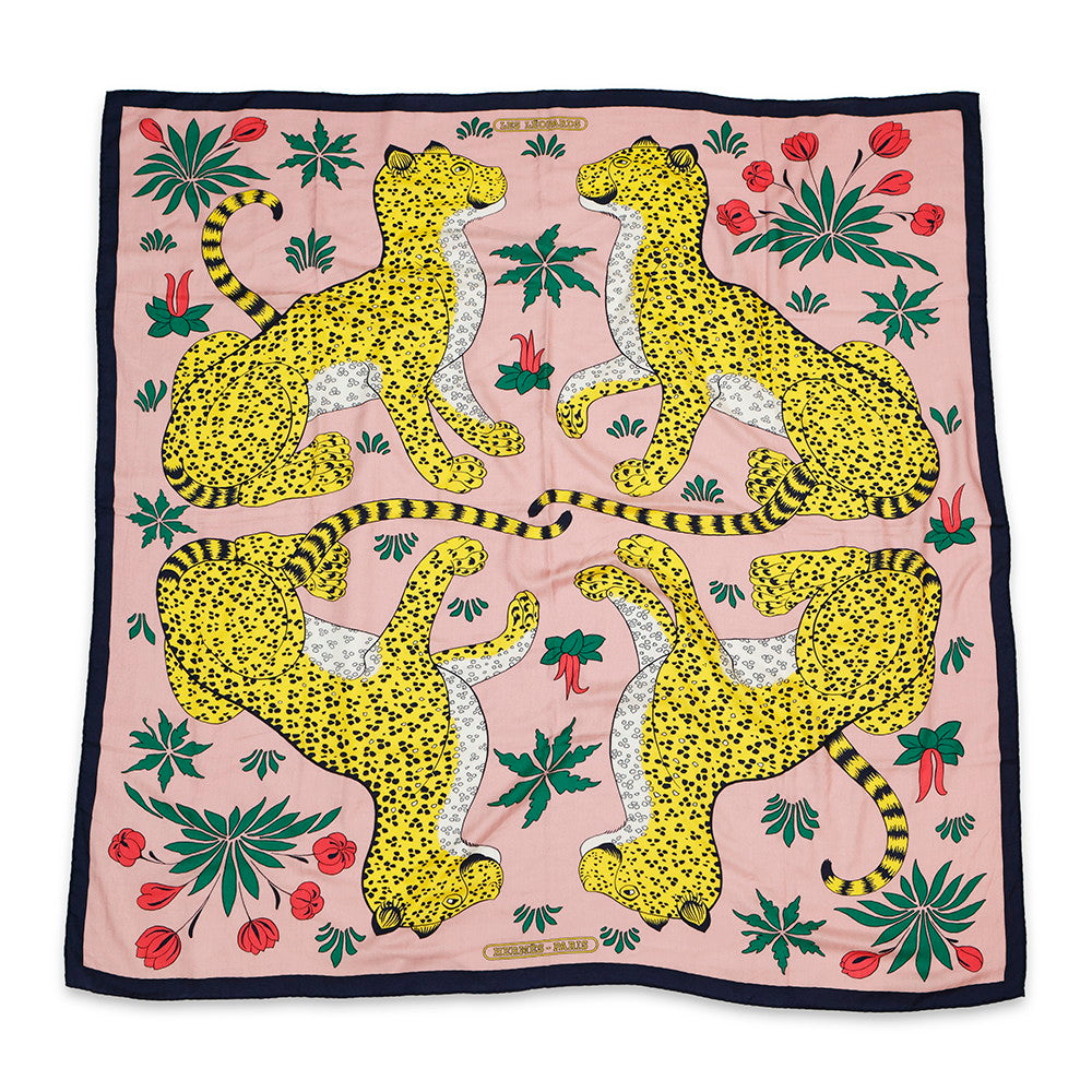 HERMES Giant Square LES LEOPARDS Leopard Size 140 Marine/Rose Buvar/Multicolor Cashmere70% Silk30%