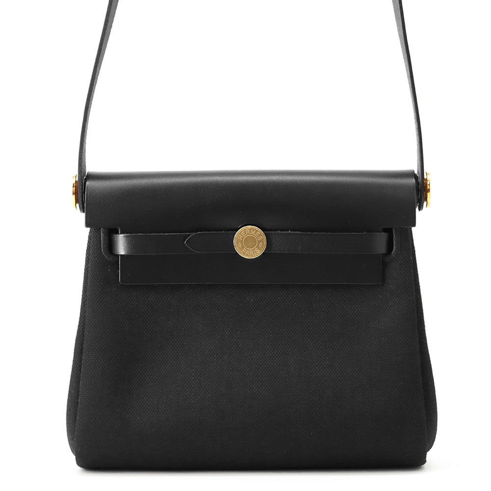 HERMES Herbag zip Black Toile Military Vache Hunter Leather Size Mini