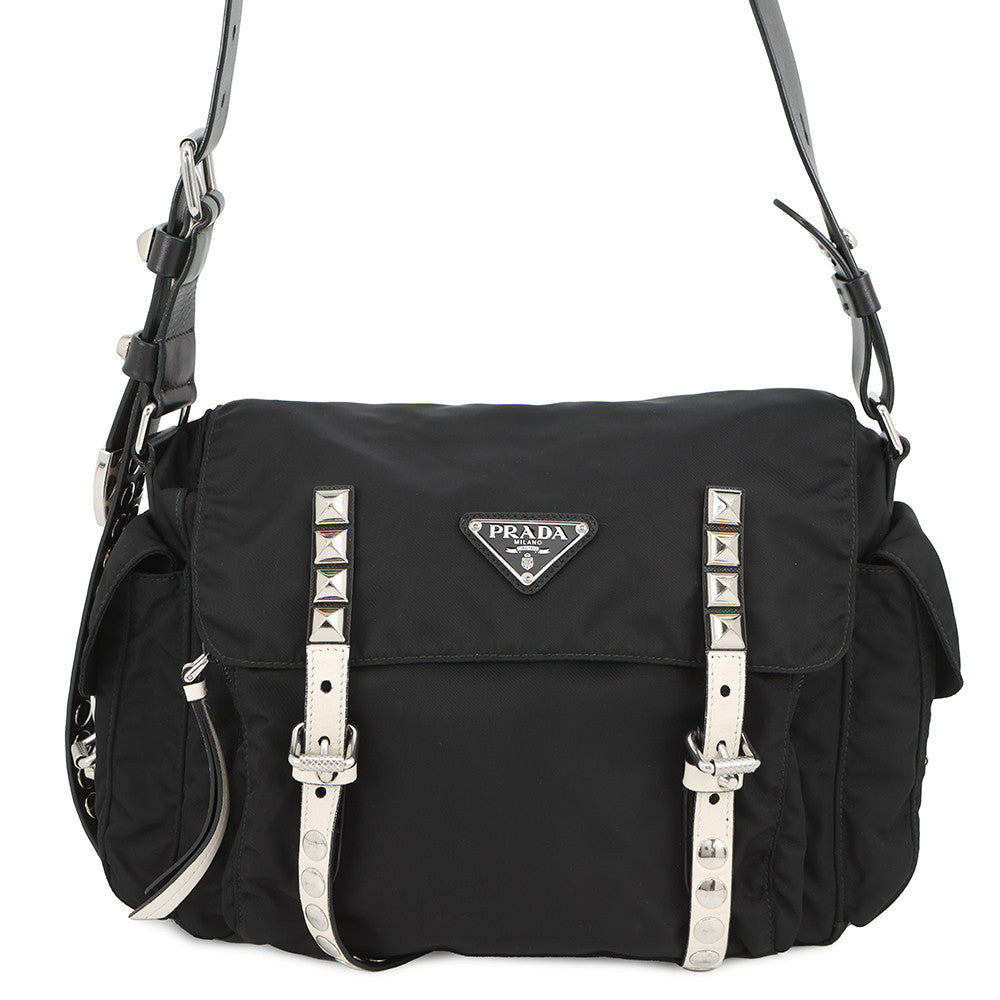 PRADA Studded Shoulder Bag Black/White1BD118 Nylon Leather