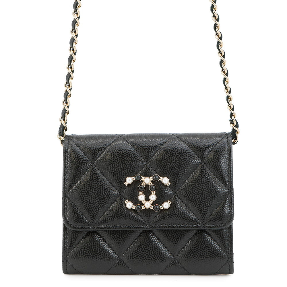 CHANEL CC Logo Matelasse Chain Wallet Black Caviar Leather/Faux Pearl