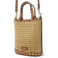 将图像加载到图库查看器中，Valentino Garavani Rock Studded 2-Way Bucket Handbag Beige/Brown4W2P0W31MZI Raffia Leather

