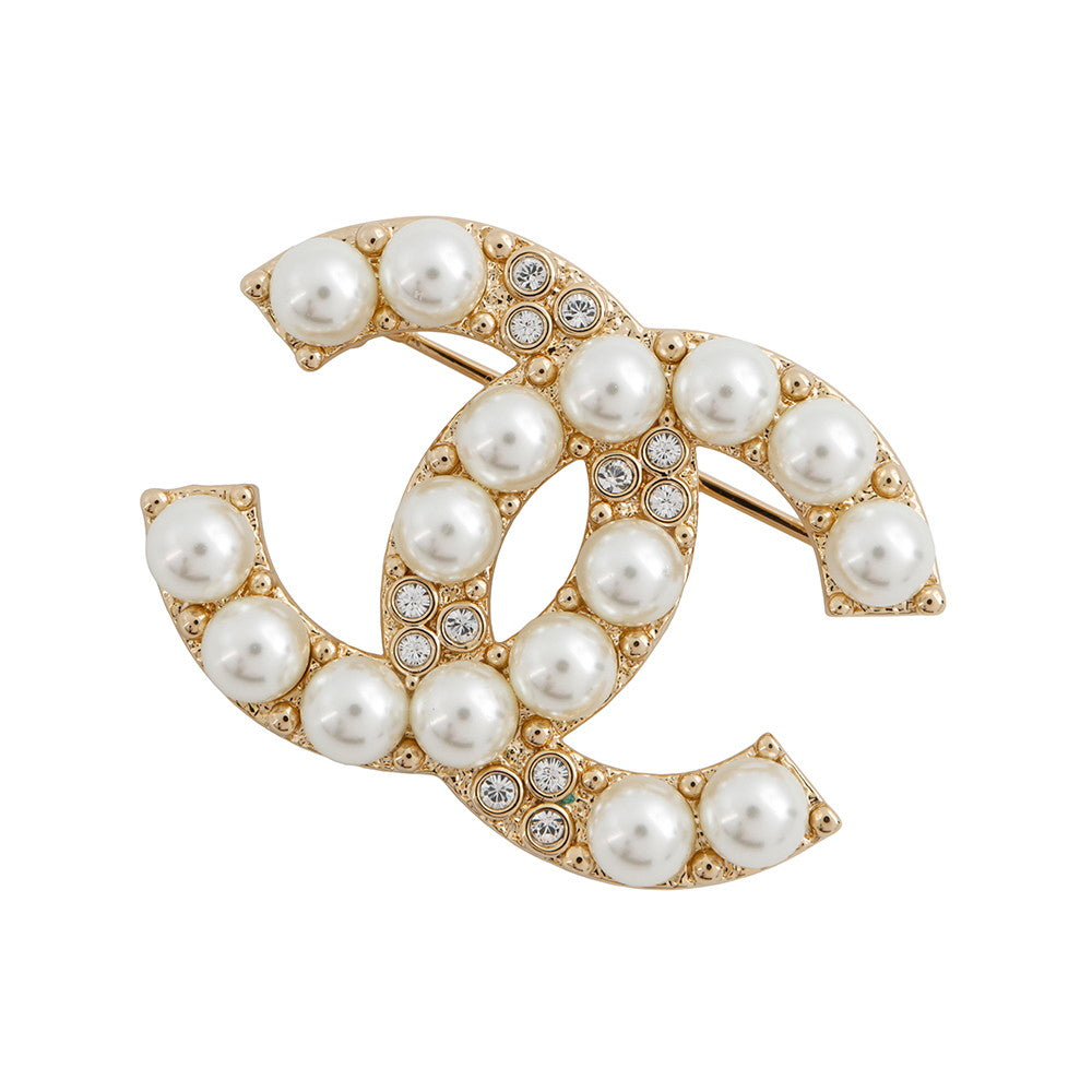 CHANEL CC Logo Brooch Gold Gold Plated Faux Pearl Rhinestone