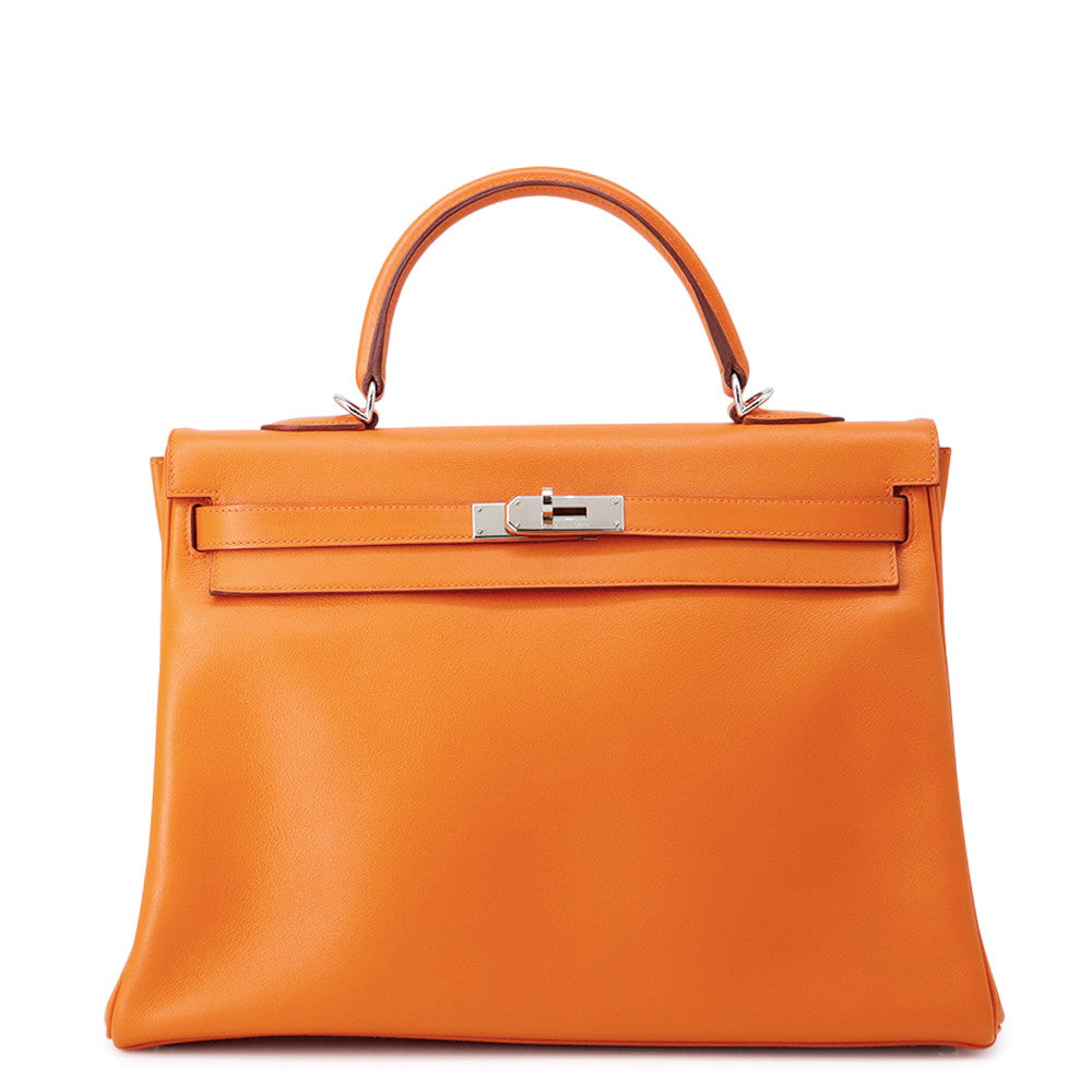 HERMES Kelly Retourne Orange Swift Leather Size 35