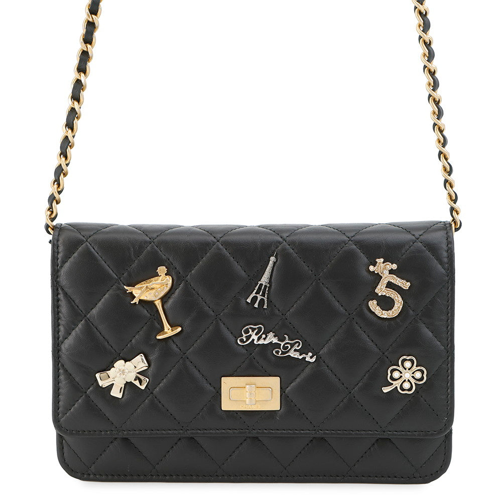 CHANEL 2.55 Chain Wallet Embroidery BlackA80834 Lambskin