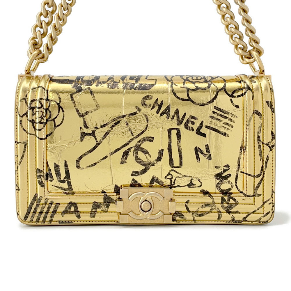 CHANEL Boy Chanel GoldA67086 Embossed Leather Size 25