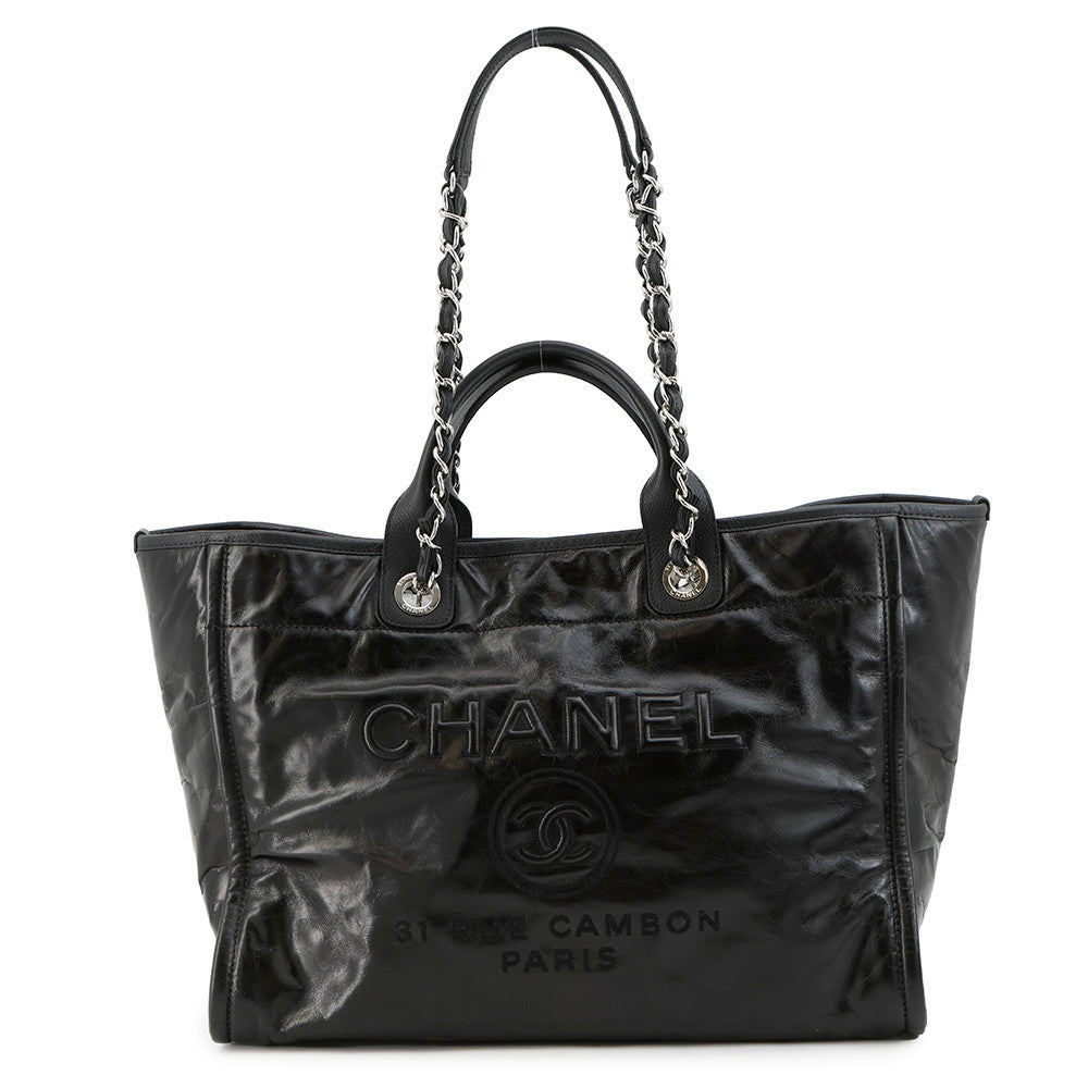 CHANEL Deauville 2WAYTote Bag Black Leather Size Large