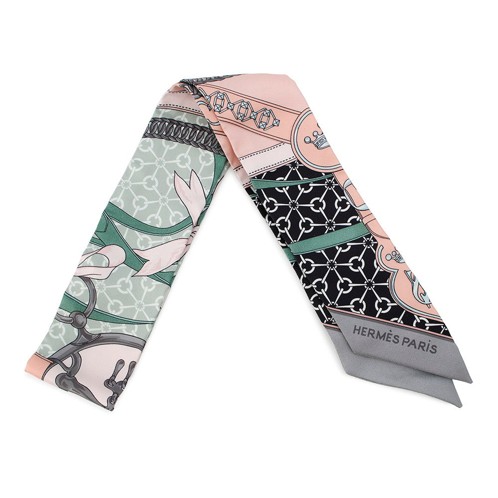 HERMES Twilly Morning Walk La Promenade du Matin Black/Rose Poudre/Grease Silk100%