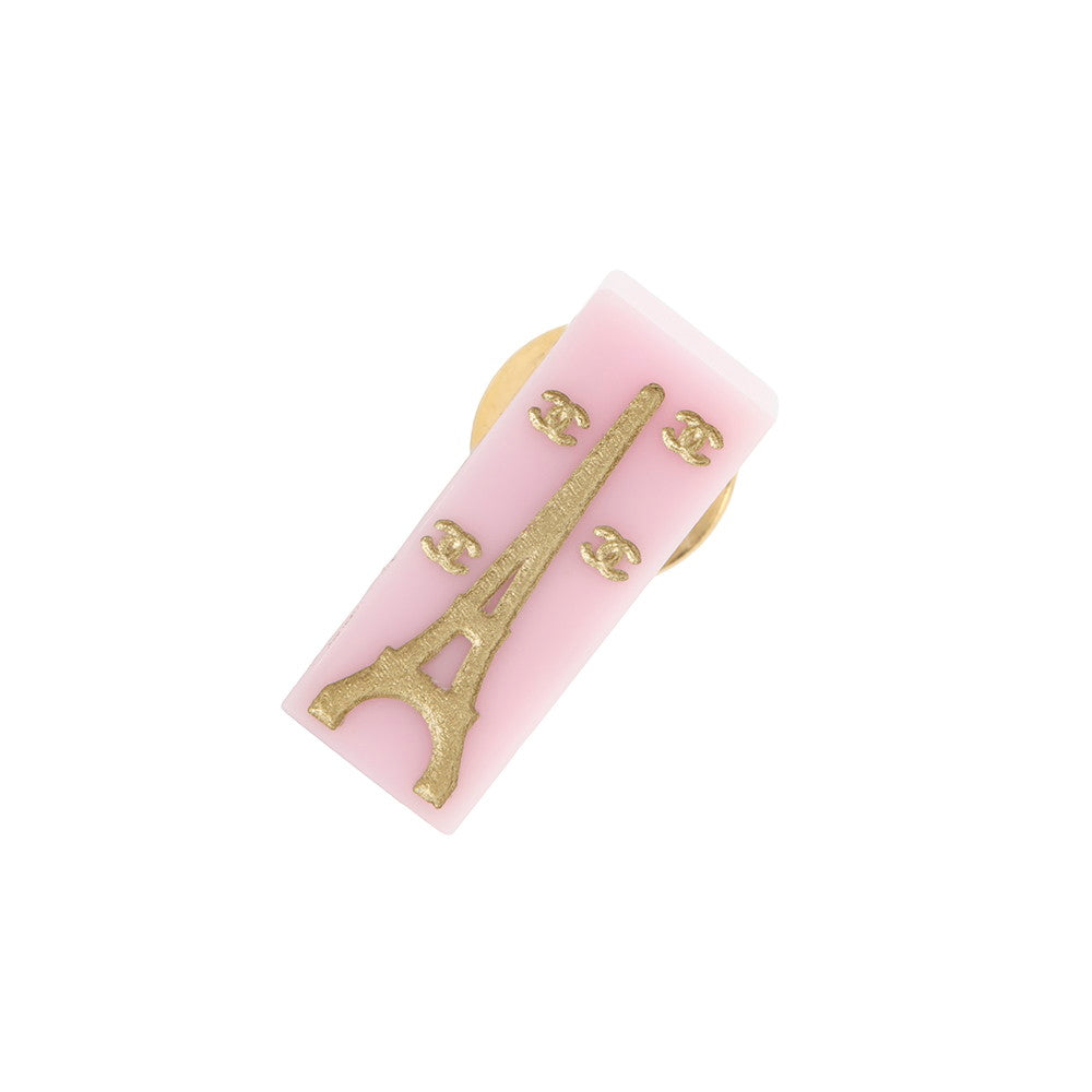 CHANEL CC Logo Eiffel Tower Brooch Pink Plastic Metal