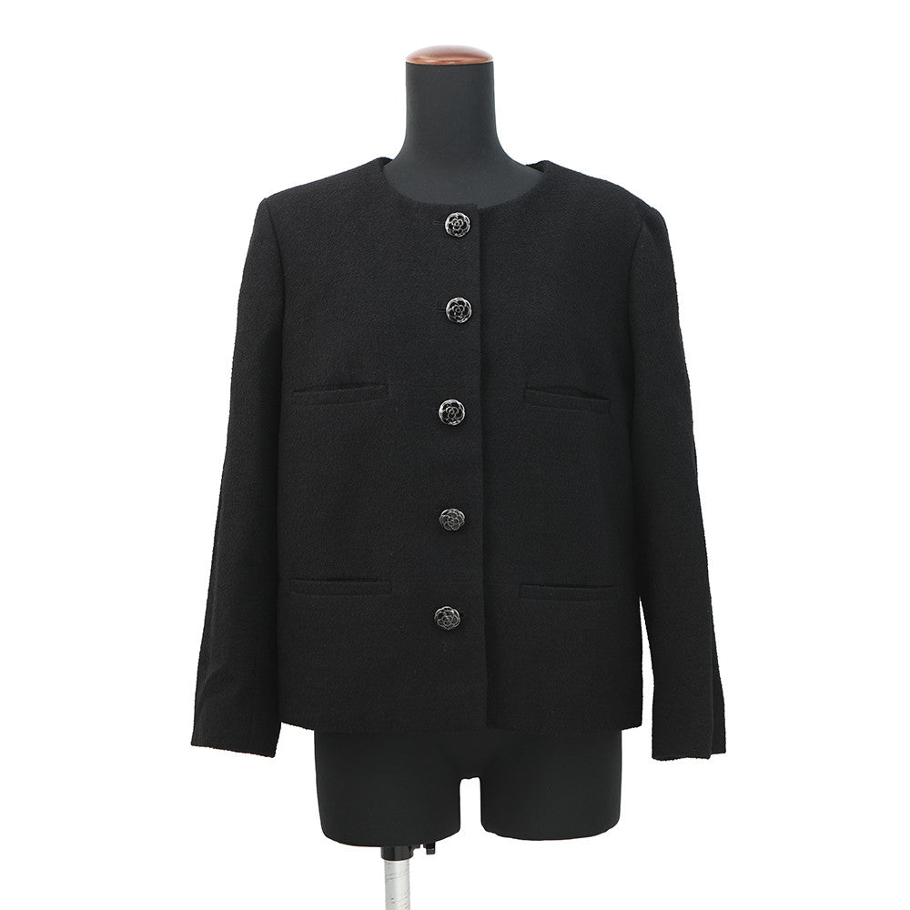 CHANEL Camellia No-Collar Jacket Size Chronomat 44 BlackP52753 Wool 76% Nylon13% Silk11%