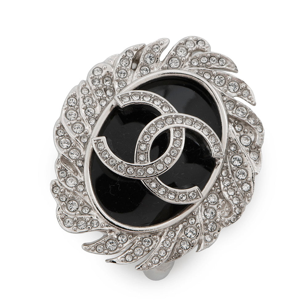 CHANEL CC Logo Brooch Black Metal Rhinestone