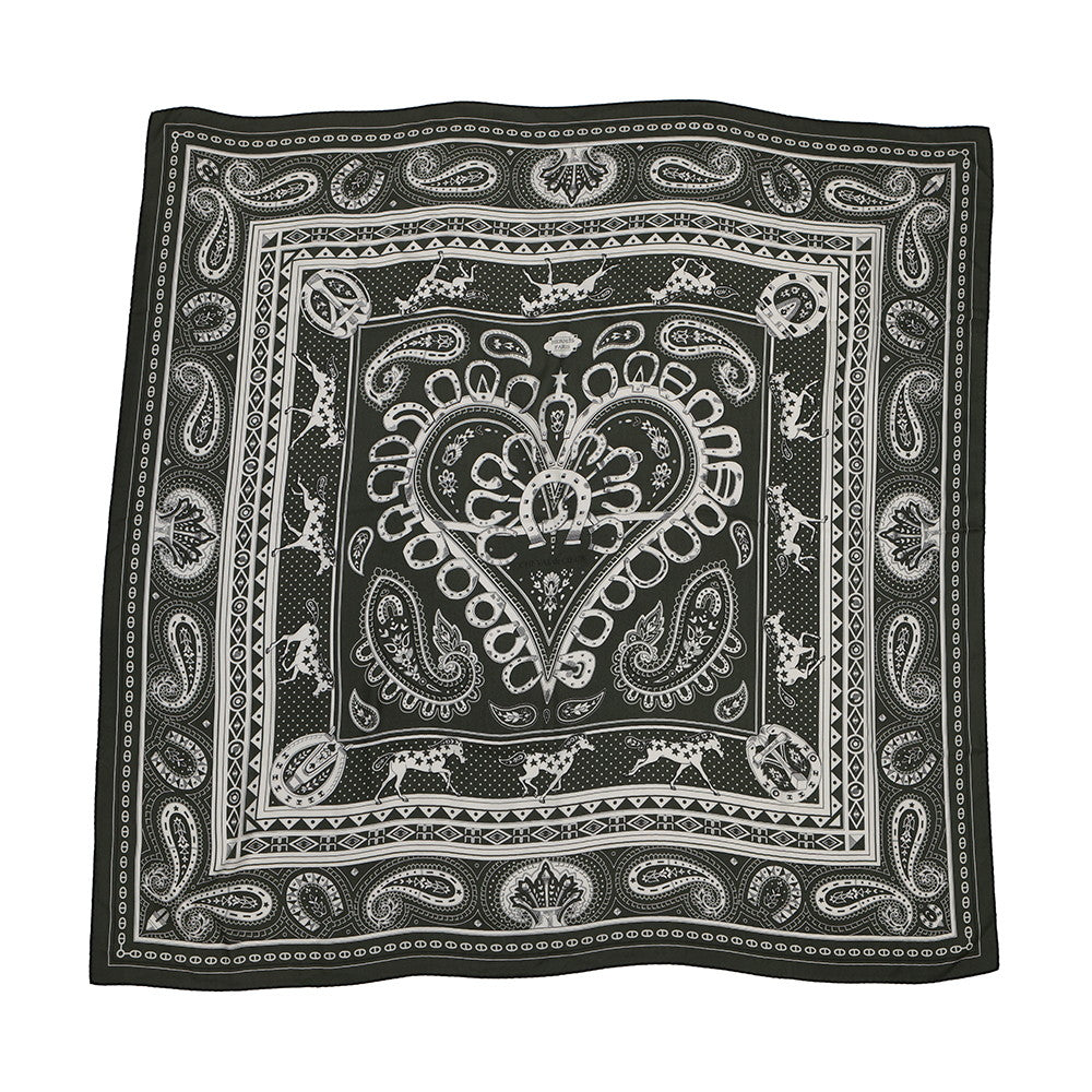 HERMES Carre Jean Cheval de Coeur Bandana shawl Size 140 Khaki/White/Black244259S Cashmere70% Silk30%