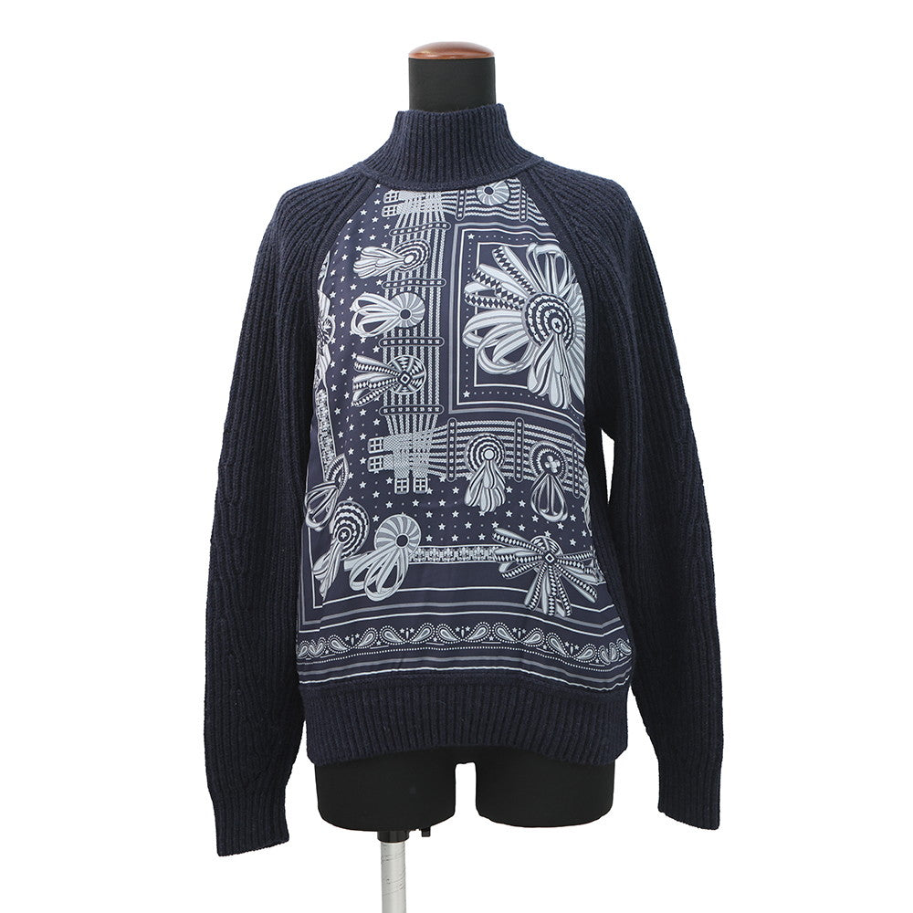 HERMES Horse Ribbon Twill High-Neck Knit Size 34 Navy Silk100% Cashmere99% Nylon1%