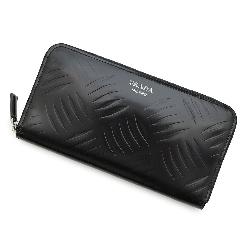 PRADA BrushedLeather Zip AroundWallet Black2ML317 Leather