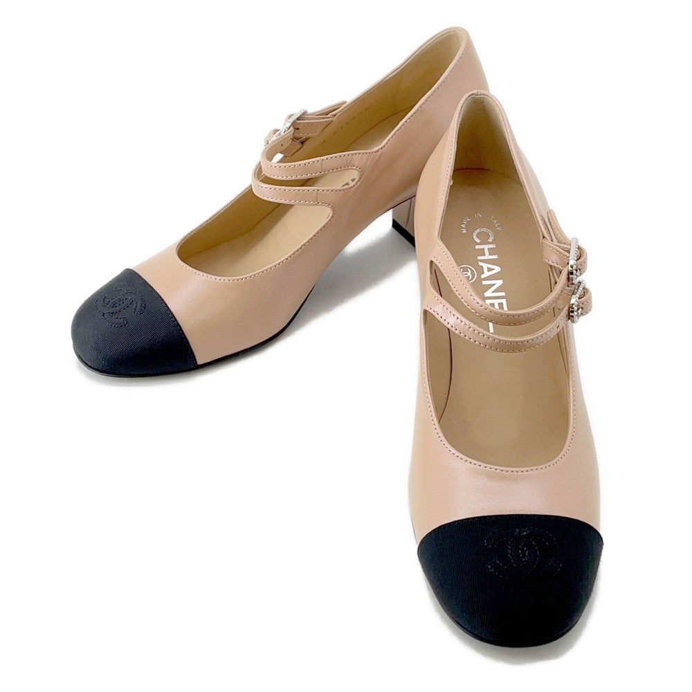 CHANEL CHANEL Mary Jane Pumps Beige/BlackG45696 Lambskin Faux Pearl Size 36.5C